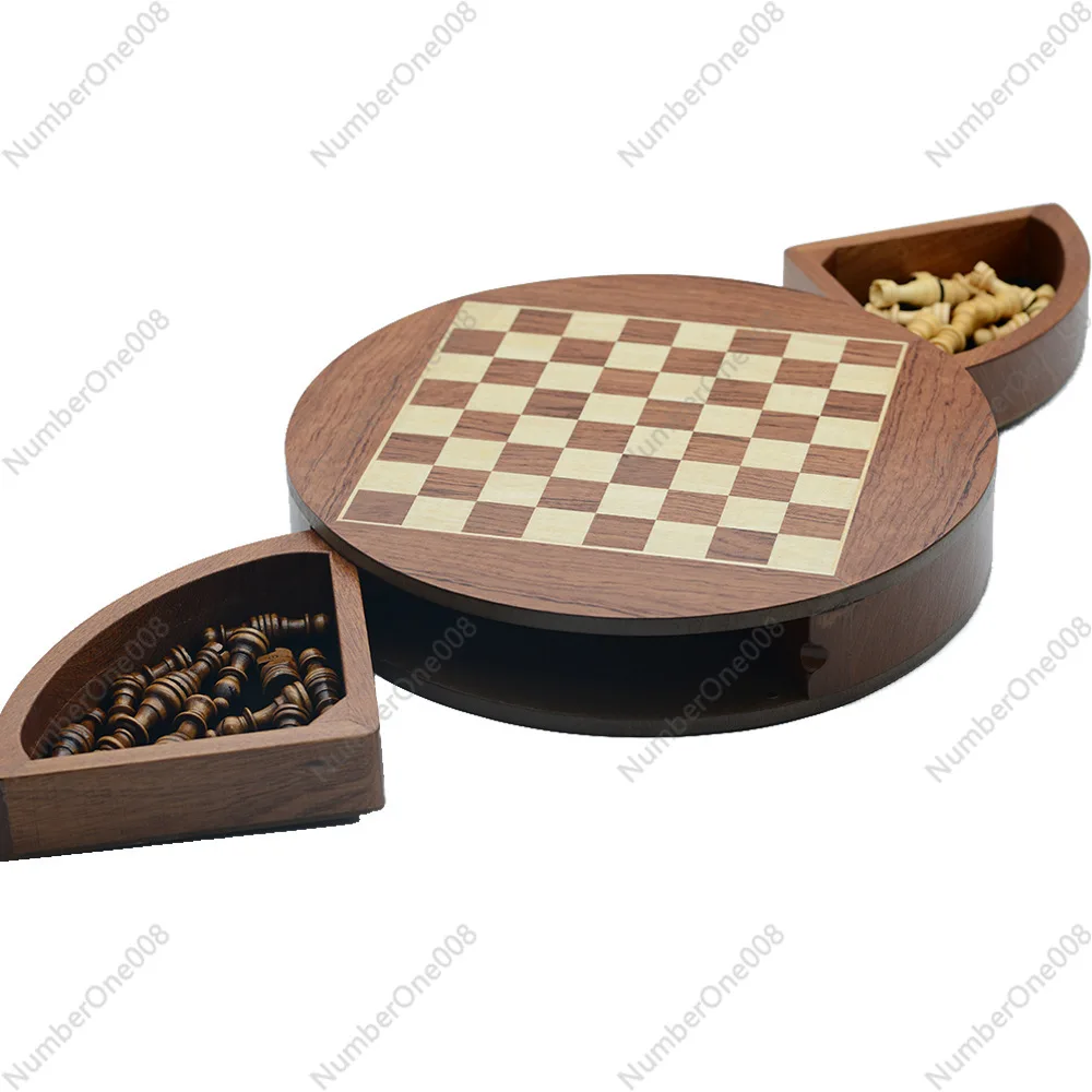 Magnetic Rotating Chess Set, Round Wooden Board with Spinning Drawer Storage, 32 Magnetic Pieces Travel Game