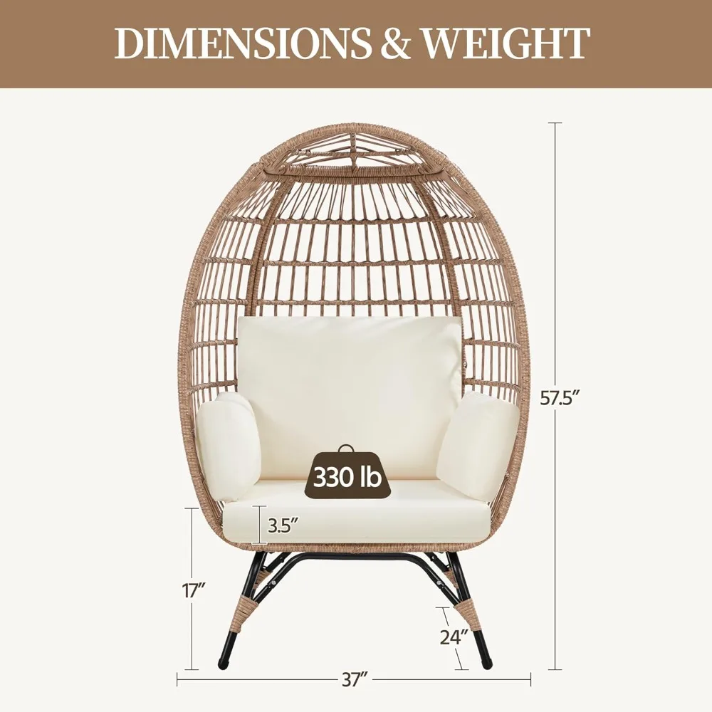 Egg Rattan Chair, Indoor/Outdoor PE Rattan Egg Basket Lounge Chair w/ 4 Cushions,  Egg-Shaped Chair w/Metal Frame Stand