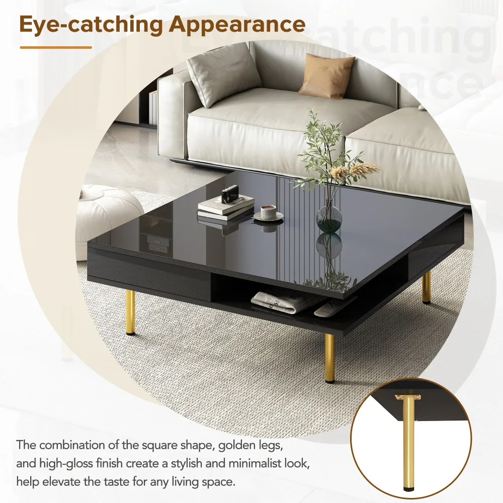 ON-TREND Exquisite High Gloss Coffee Table 4 Golden Legs and 2 Small Drawers 2-Tier Square Center Table for Living Room Black