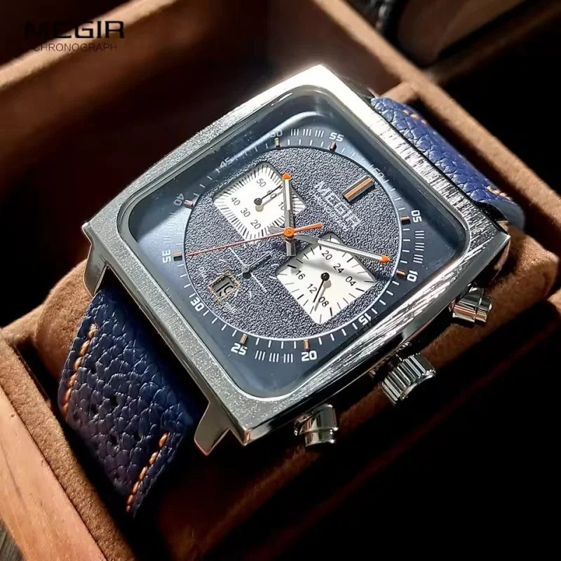 MEGIR 2182 Blue Black Square Dial Men's Casual Leather Strap Date Waterproof Night Light Retro Design Men's Quartz Clock reloj