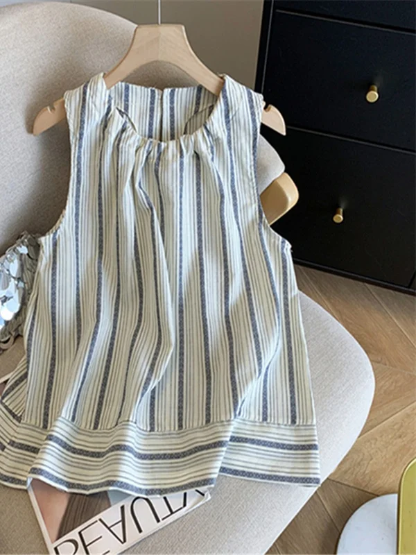 เสื้อกั๊กลายทางแนวตั้งสไตล์ญี่ปุ่นย้อนยุค สำหรับผู้หญิง ฤดูร้อน ผ้าบาง ทรงหลวม ช่วยให้ดูผอม ลำลอง คอกลม ทรงน่ารัก สไตล์ตุ๊กตา