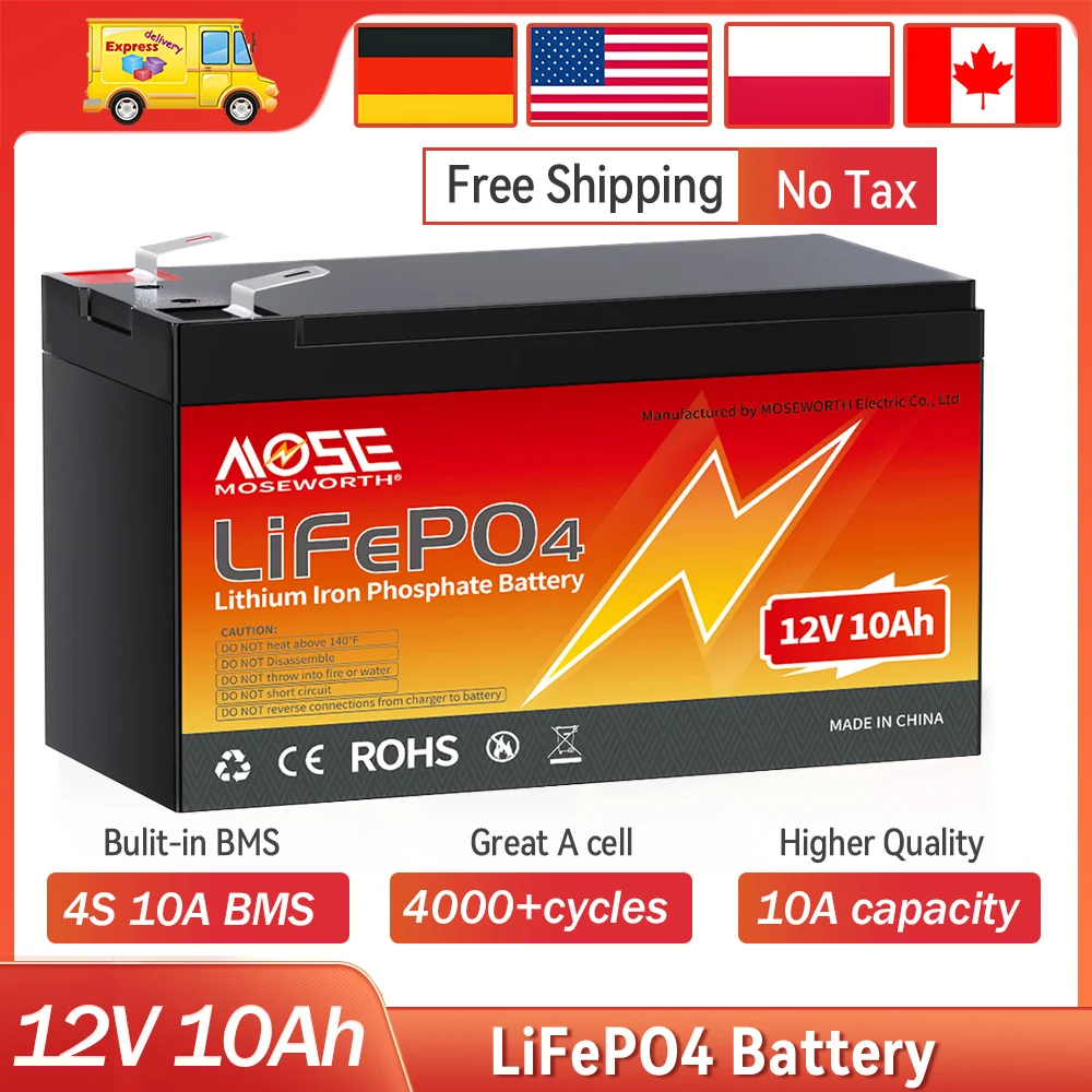 

12V 10Ah LiFePO4 Lithium Battery Built-in 10A BMS Energy Storage Rechargeable Deep Cycles For Lighting Power Wheels Fish Finder