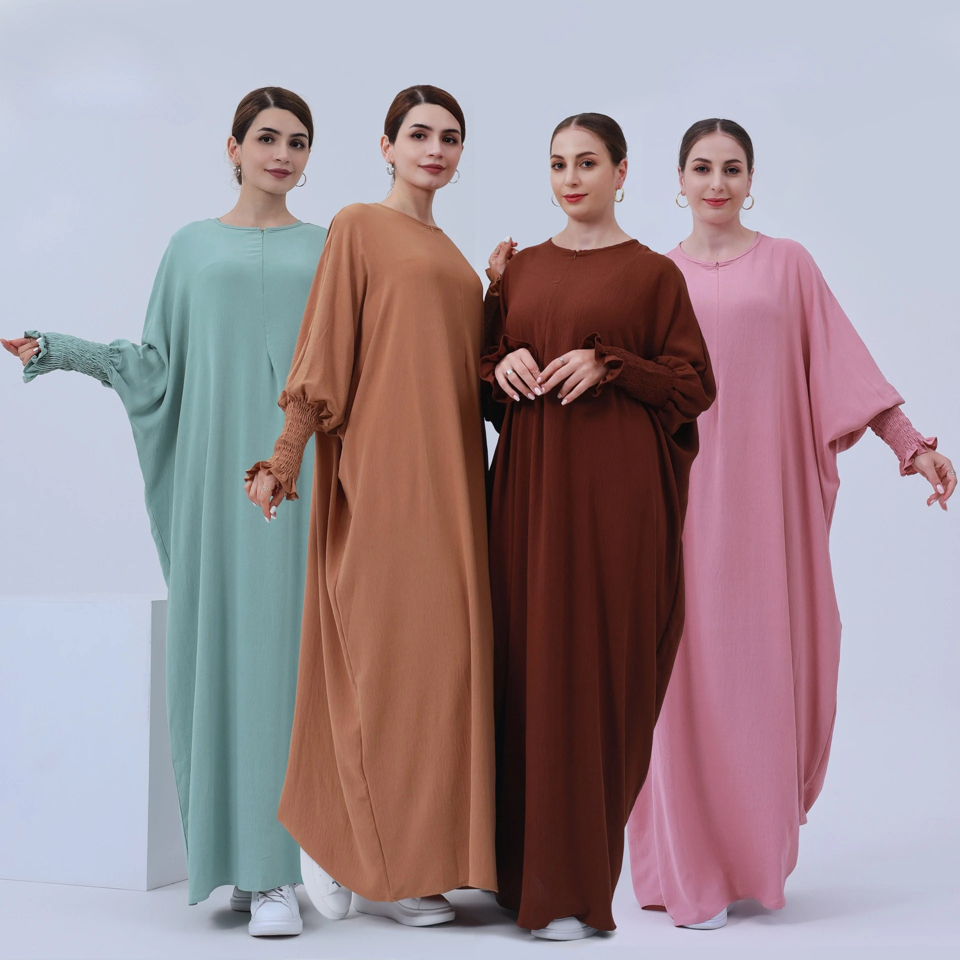 

Middle Eastern Turkish Muslim Women's Solid Color Dress with Batwing Sleeves - Multi Color Options Modest Elegant Dress