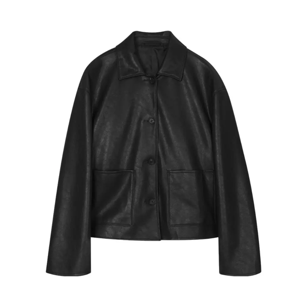 Klasyczna kurtka skórzana damska z luźnym kołnierzem, uniwersalna odzież wierzchnia w stylu koreańskim, nowość na jesień, odpowiednia na różne okazje.