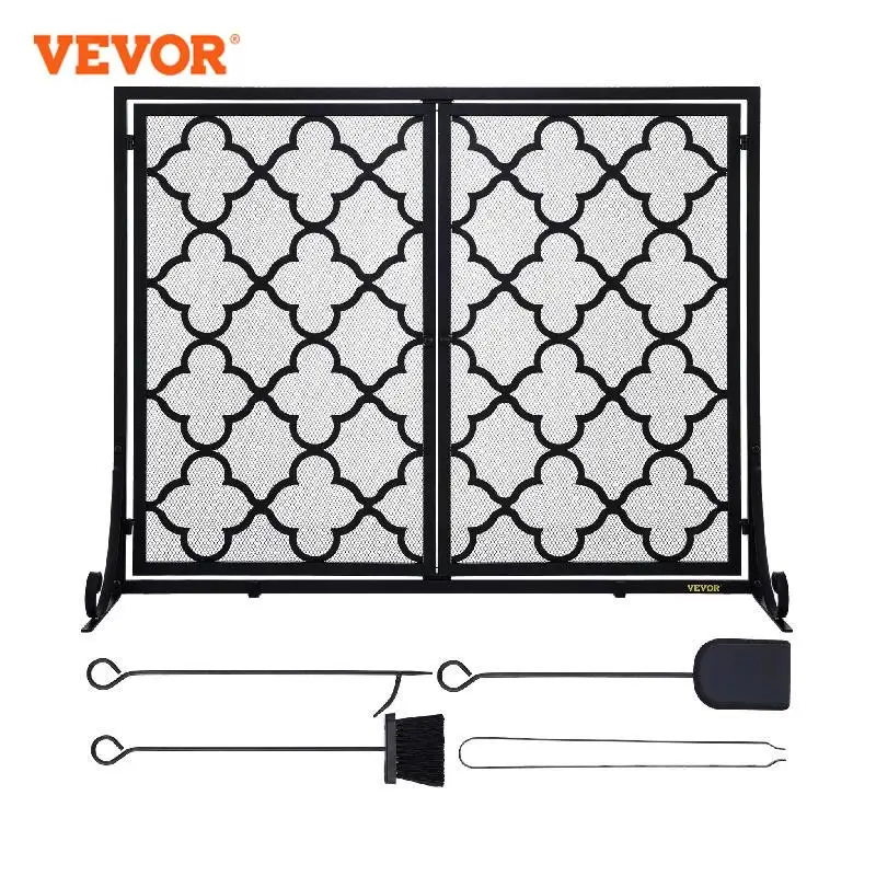 VEVOR Fireplace Screen 39 x 31 Inch Double Door Fire Guard Screen Metal Mesh Craft Broom Tong Shovel Poker Included Black