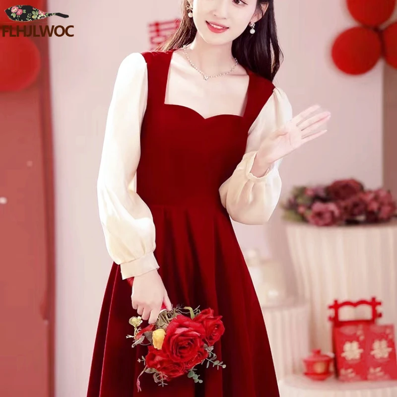 2023 New Chic Elegant Annual Meeting Red Dress Fashion Women Fashion Square Neck French Design Long Velvet Dresses Vestidos