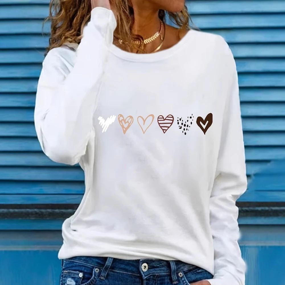 

Повседневная женская футболка с длинными рукавами и дышащим круглым вырезом в форме сердца из смеси полиэстера и спандекса