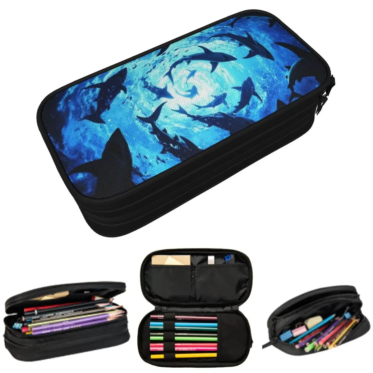

Underwater Cave Shark And Fish Silhouette Pencil Case for Kids Gifts Pen Box Pencil Bag Stationery Supplies Pen Holder Bag