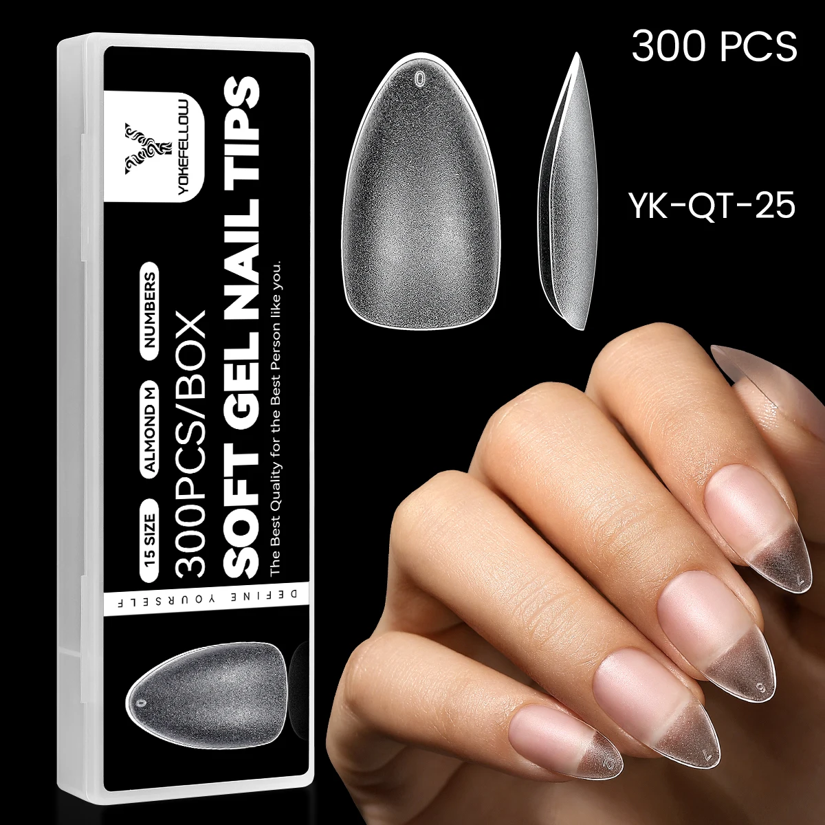 YOKEFELLOW 300 Stück ultradünne, klare, matte Nagelspitzen, trapezförmige Mandel, ovale Abdeckung, künstlicher Nagel, 15 Größen, zum Aufdrücken der Nägel zur Verlängerung