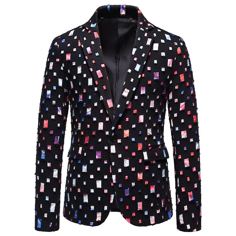 Men's Fashion Punching Hole Blazer Jacket Casual Single Buckle Suit Coat for Stage Performance Party Nightclub