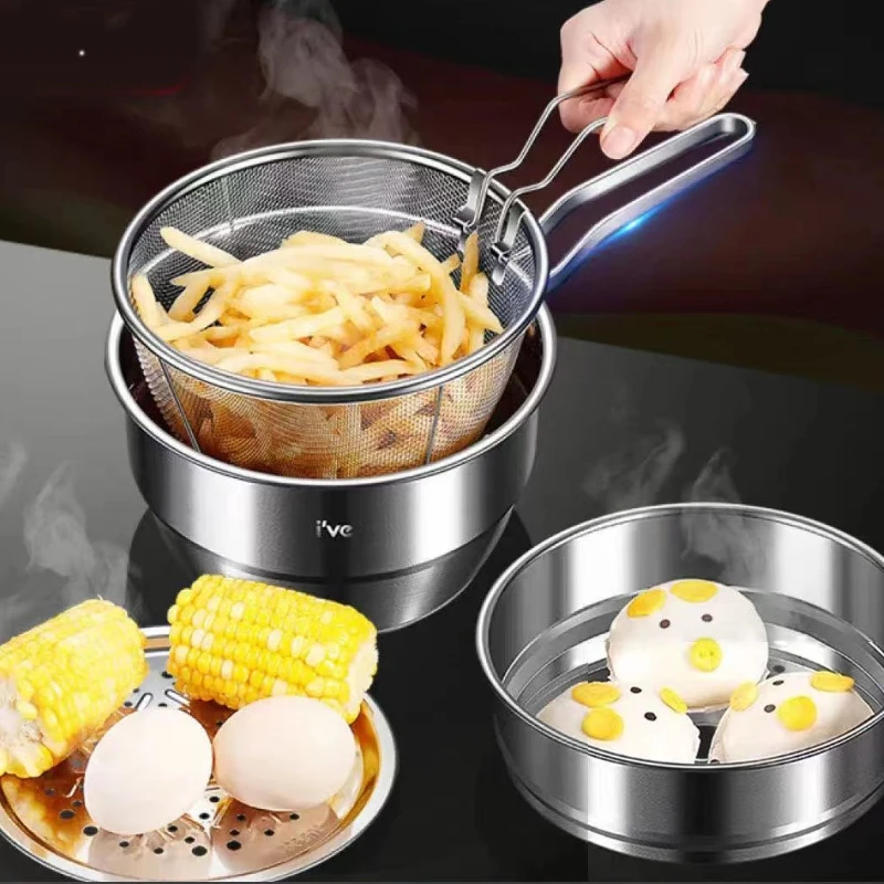 Double-Deck Tempura Fryer Pan, Single Person Steamed Cooked Boiled Pot, 304 Stainless Steel Kitchen Cookware, New