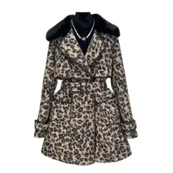 Elegant Chic Leopard Print Jacket For Women Thicken Winter 2024 New Long Sleeve Warm Fashion Coat Female Woolen Overcoat Clothes