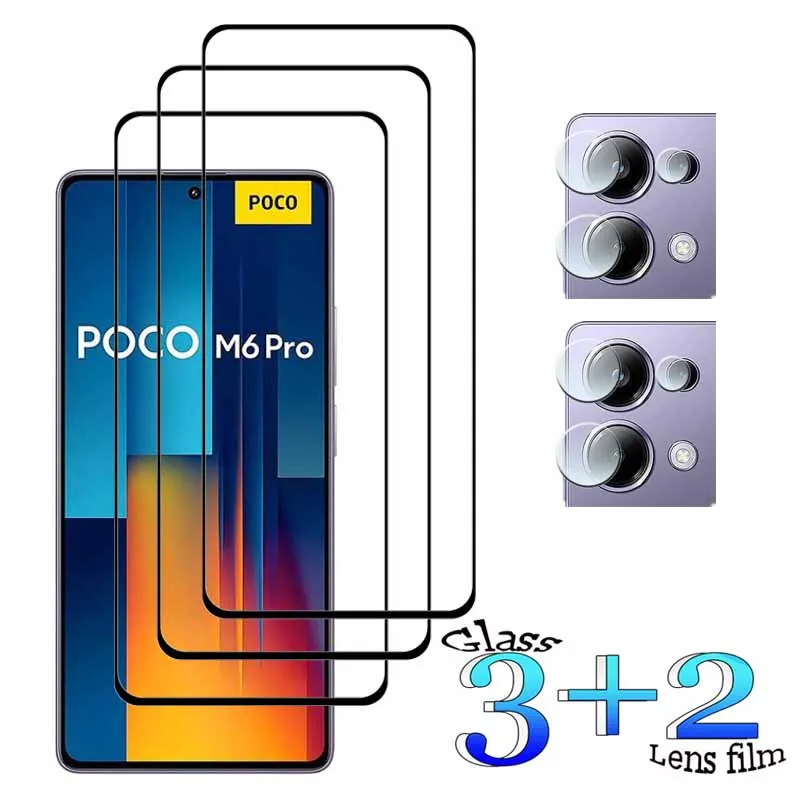 

3+2 For Xiaomi POCO M6 Pro 4GTempered Glass Shockproof 9H Clearly Anti-Scratch Front Protector +Soft Camera lens film