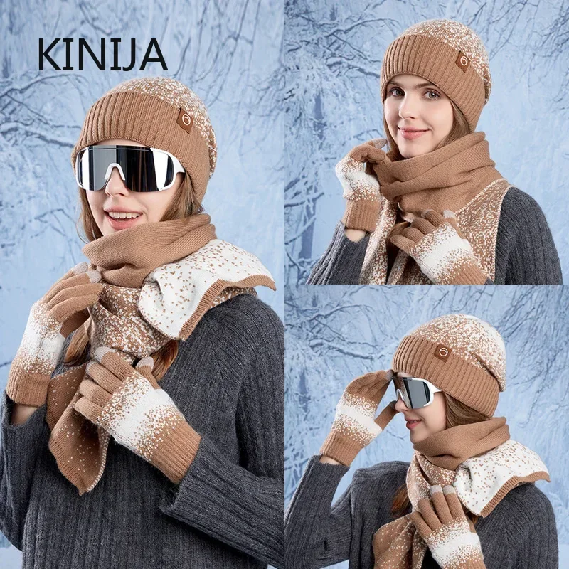 3pc Winter Hat Gloves Scarf Set for Women Men Outdoor Coldproof Warm Beanies with Velvet Ear Protection Knitted Wool Hat