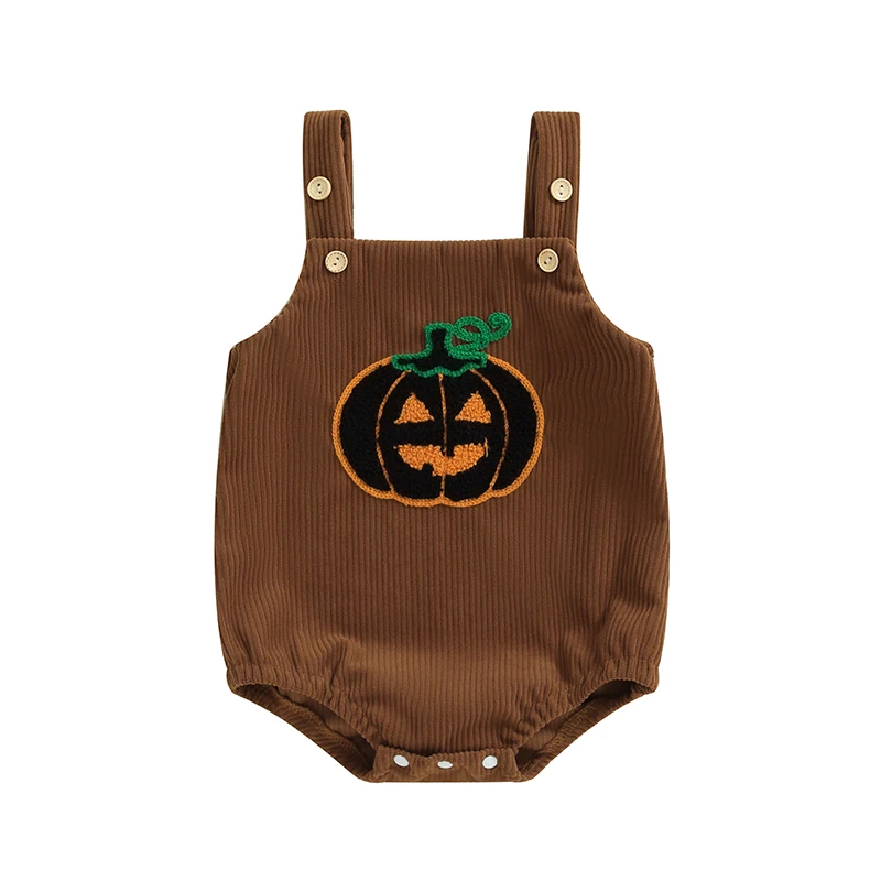 

Baby Girls Boys Halloween Romper Sleeveless Pumpkin Bat Ghost Embroidery Casual Overalls