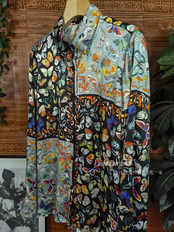 Women's high-end satin butterfly printed silk shirt long sleeved silk shirt European top