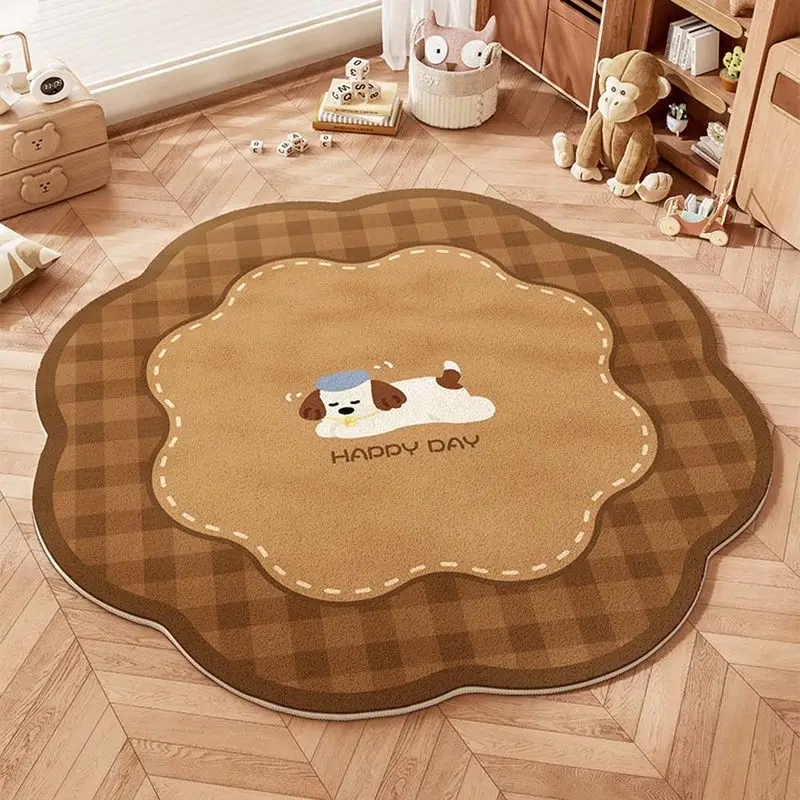 VIKAMA Cute Cartoon Dog Flower Circular Area Rug Short Pile Non Slip Soft Carpet Kids Room Nursery Bedroom Living Room Decor
