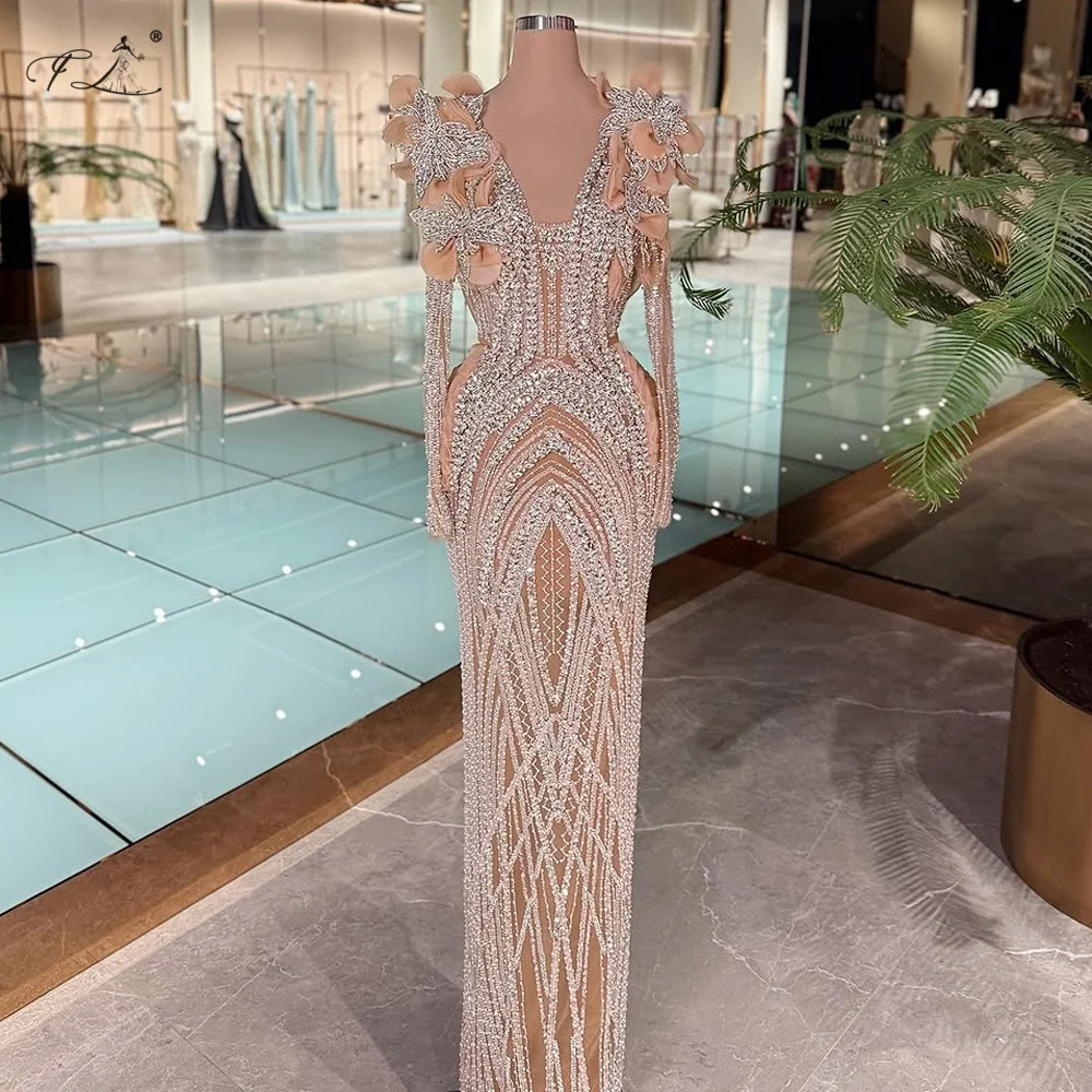 

Gorgeous evening dress for women floral crystal mermaid dress champagne V-neck long ball gown tulle dress party dress 2025
