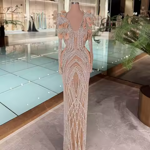 Gorgeous evening dress for women floral crystal mermaid dress champagne V-neck long ball gown tulle dress party dress 2025