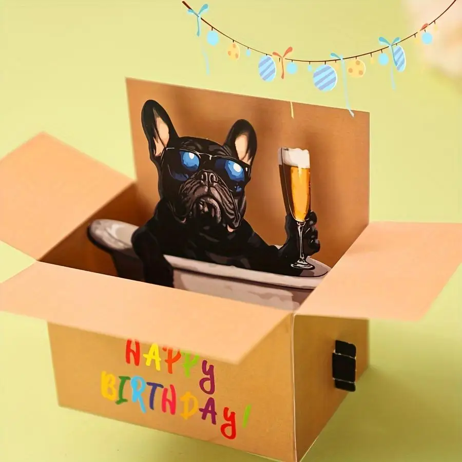 1/5/10/20/50/100pcs Funny French Bulldog Birthday Card with Note Card Behind And Envelope, Funny Birthday 3D Greeting Card Love