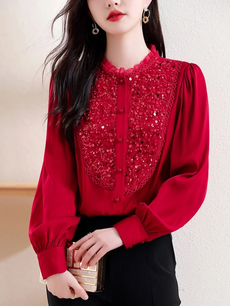 Camisa roja traje de primavera camisas de lentejuelas para mujer