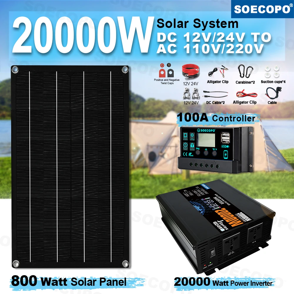 SOECOPO 20000W Compleet Zonnesysteem voor Thuis, Inclusief 800W Paneel, Dual-Voltage Inverter (2 Aansluitingen), 100A Regelaar