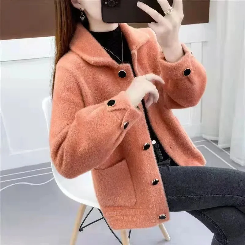 

Winter Coat Women Imitation Mink Velvet Cardigan Sweater Loose Femme Short Knitted Sweater Casual Warm Jacket Female Outerwear