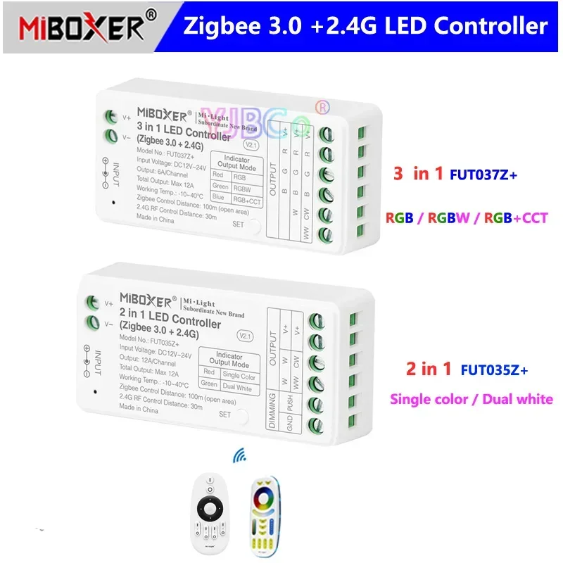 Miboxer Zigbee 3.0 2in1/3in1 Led Controller FUT035Z+/FUT037Z+ For Single Coler/RGB/RGBW/RGB+CCT LED Strip DC12-24V 2.4G Remote