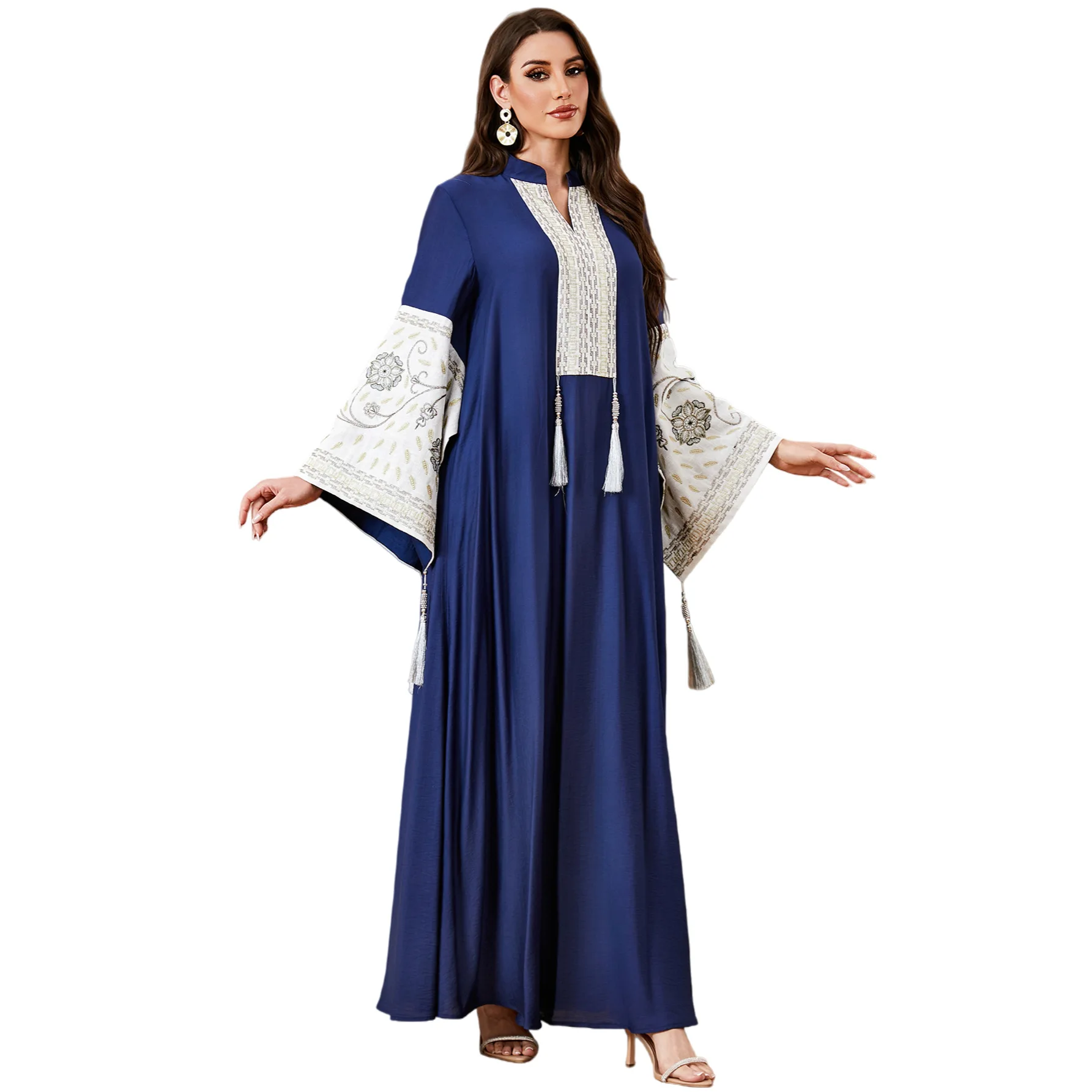 Dubai Middle East New Fashion Women's Embroidered Elegant Trendy Daily Loose Long Sleeve Spliced Abaya Female Jalabiya Clothes