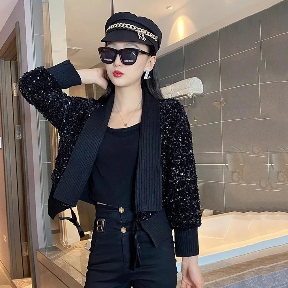 

2023 Women Autumn Causal Jackets For Women Black Short Sequin Blazer Coat New Korean Style Elegant Ladies Cardigan Outerwear Top