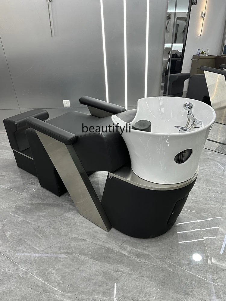 Hair Salon High-End Ceramic Basin Shampoo Chair Barber Shop for Hair Salon Stainless Steel Half Lying Hair Flushing Bed