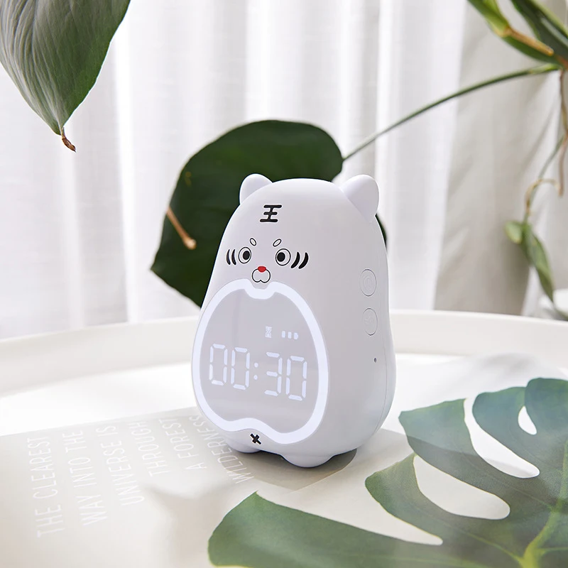 Fashionable Cartoon Tiger Learning Alarm Clock，USBRechargeable bedroom warm light colorful night lamp，Energy-saving mode voice-a