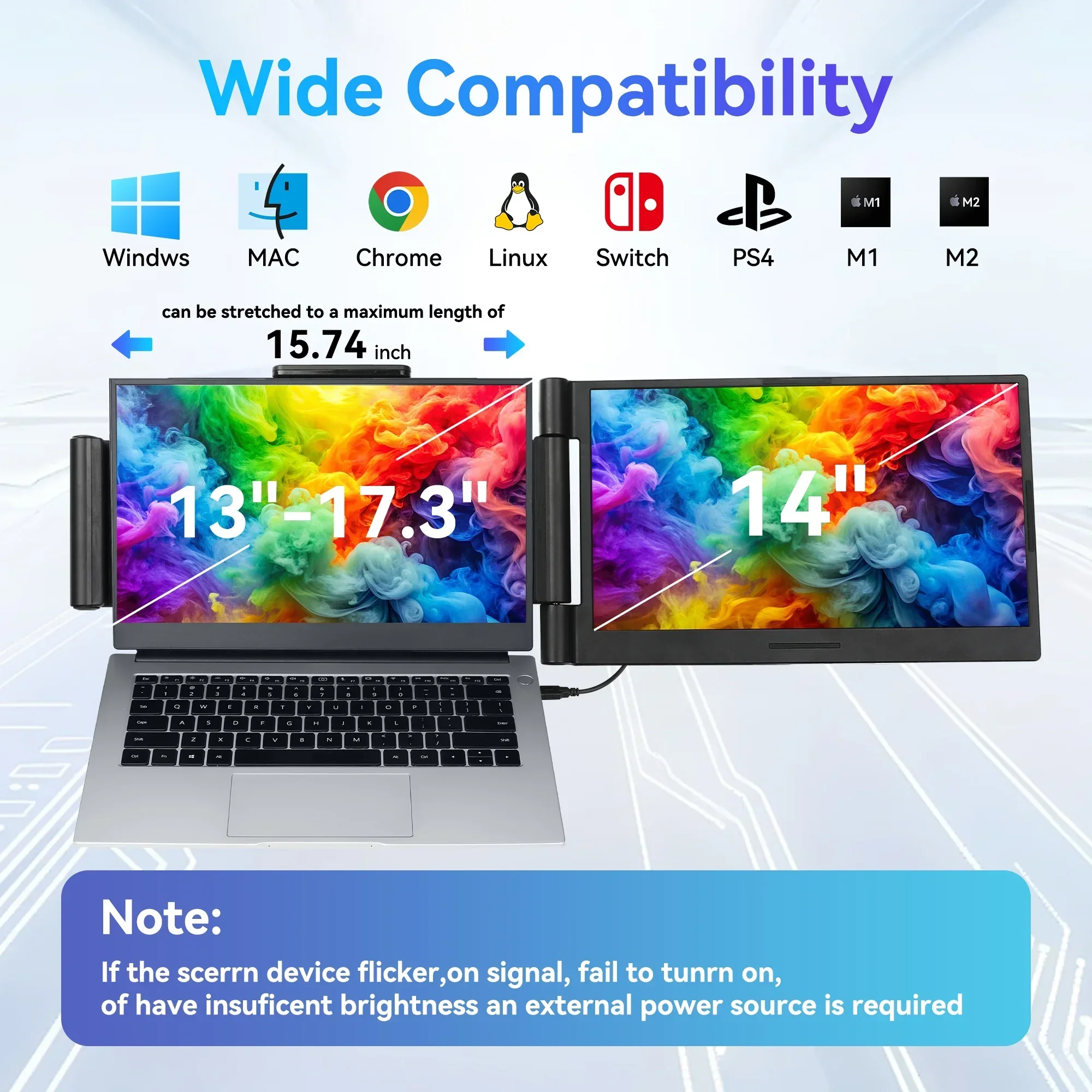 14.1‘’ Laptops Screen Extender FHD IPS Portable Monitors 72%NTSC 300 Nits For Windows Macbook Chrome Android 13-17.3 Laptop