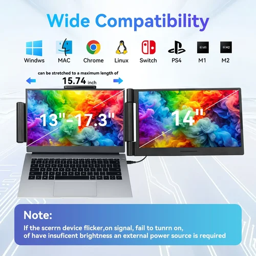 Imagen 2 del producto Extensor de pantalla para portátiles de 14,1 pulgadas, monitores portátiles FHD IPS, 72% NTSC, 300 lentes para Windows, Macbook, Chrome, Android 13-17,3