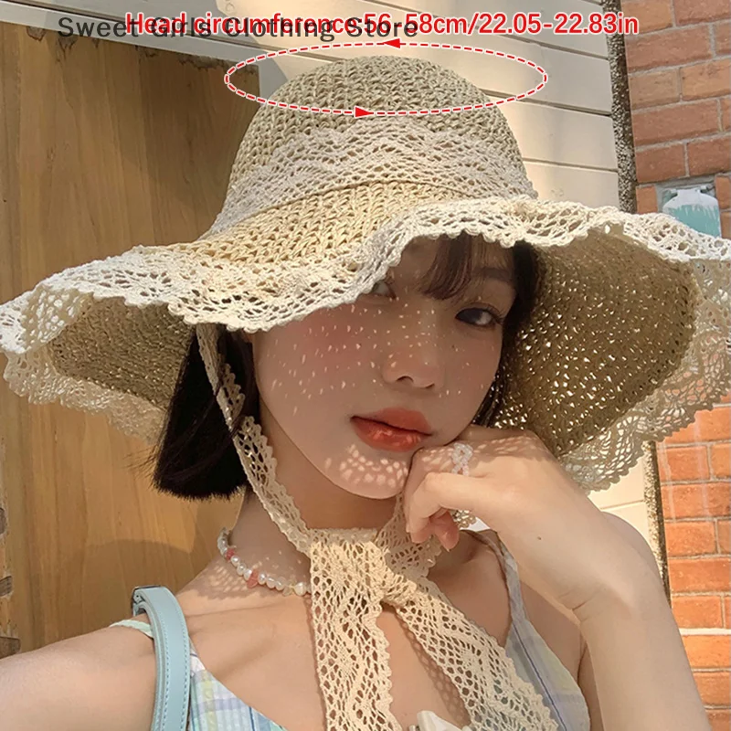 Beach Hat Everything Hairy Edge Straw Hat Female Summer Flat Top Outing Sun Hat Small Fresh Bow Sun Shade Beach Hat