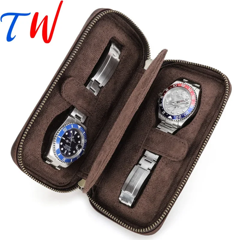 2 Slots Personalized Customized Logo gift Classic Retro Zipper Genuine Leather Watch Organizer Storage Case Box Packaging OEM