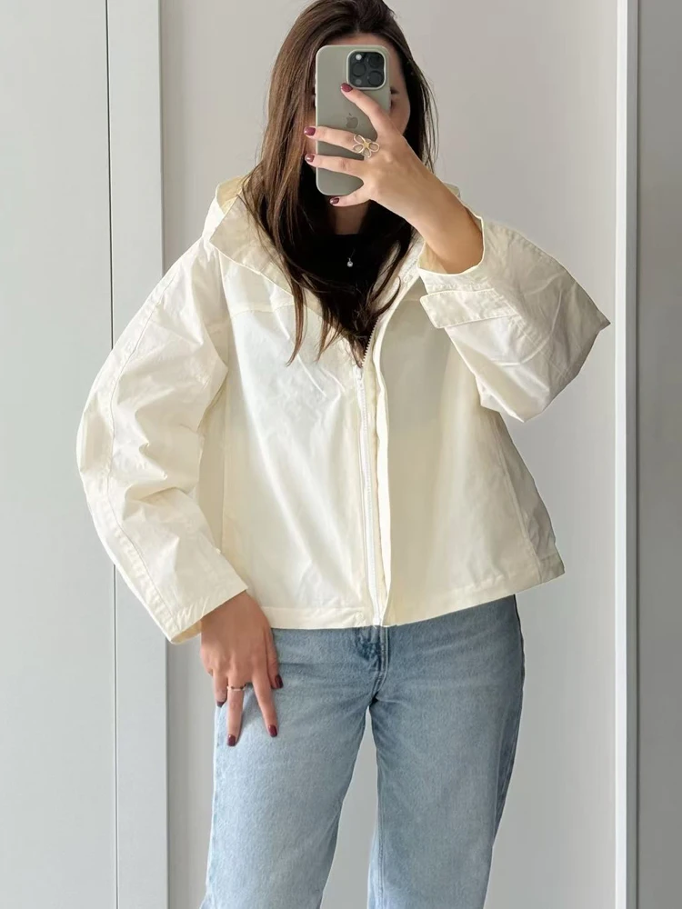 Spring New Women Fashion Solid Breathable Long sleeves drawstring Jacket Overcoat Casual Windproof Stand Collar Hooded Thin Coat