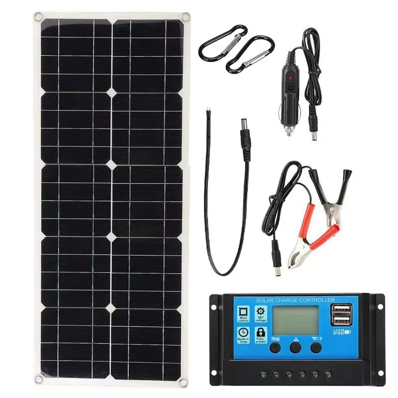 Aluminum polycrystalline 100W18V solar panels with dual USB controllers for car, yacht, and RV charging