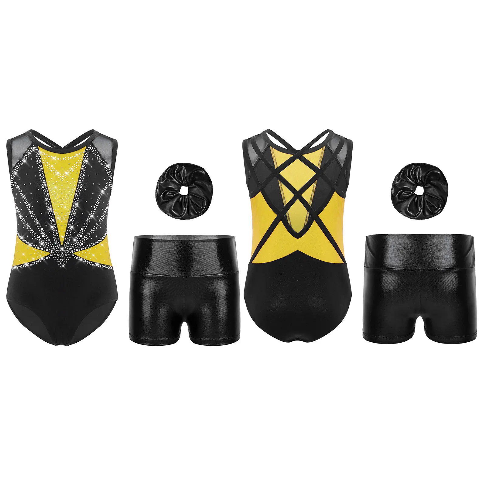 

‌Girls Sparkle Dance Leotard Set Color Block Design with Matching Metallic Hairband And Shorts for Figure Skating Performances