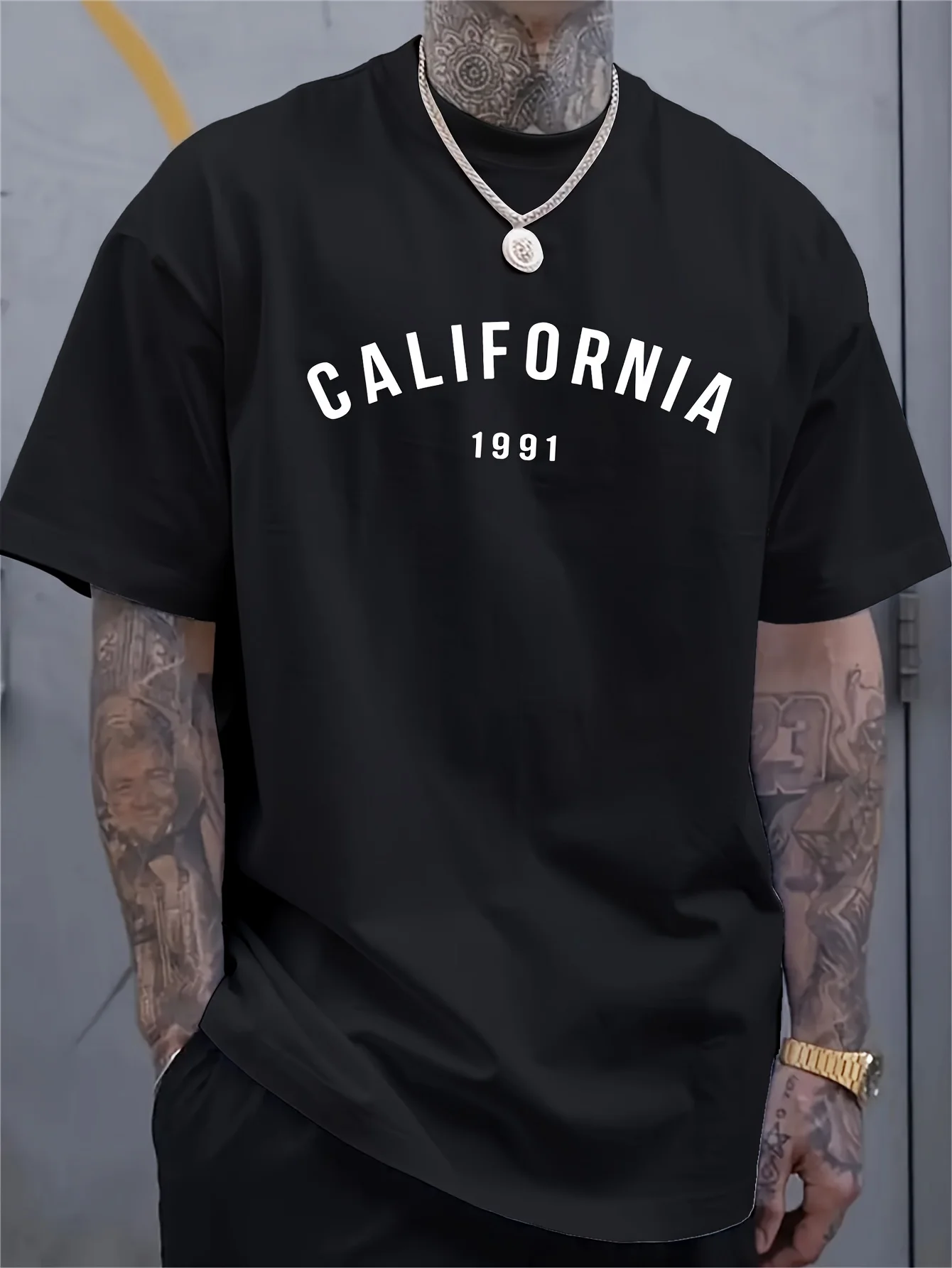 تي شيرت رجالي صيفي 100% من القطن الخالص عصري فضفاض رياضي كاليفورنيا 1991 نمط طباعة رقبة مستديرة وأكمام قصيرة تي شيرت علوي