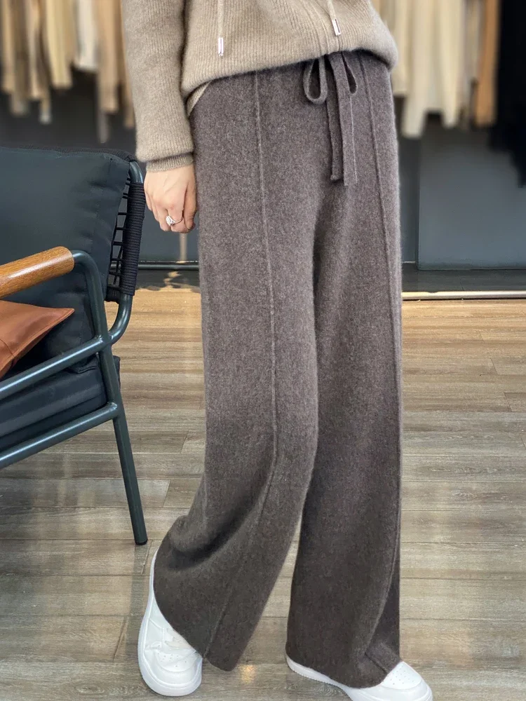 Pantaloni a gamba larga lavorati a maglia di lana Donna Autunno Inverno Pantaloni a vita alta ispessiti con sensazione di gocciolamento Pantaloni casual dritti caffè