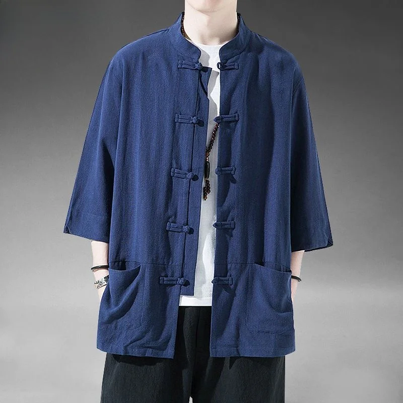 

Мужская летняя рубашка-жакет в китайском стиле из хлопка и льна с коротким рукавом на пуговицах, повседневный топ