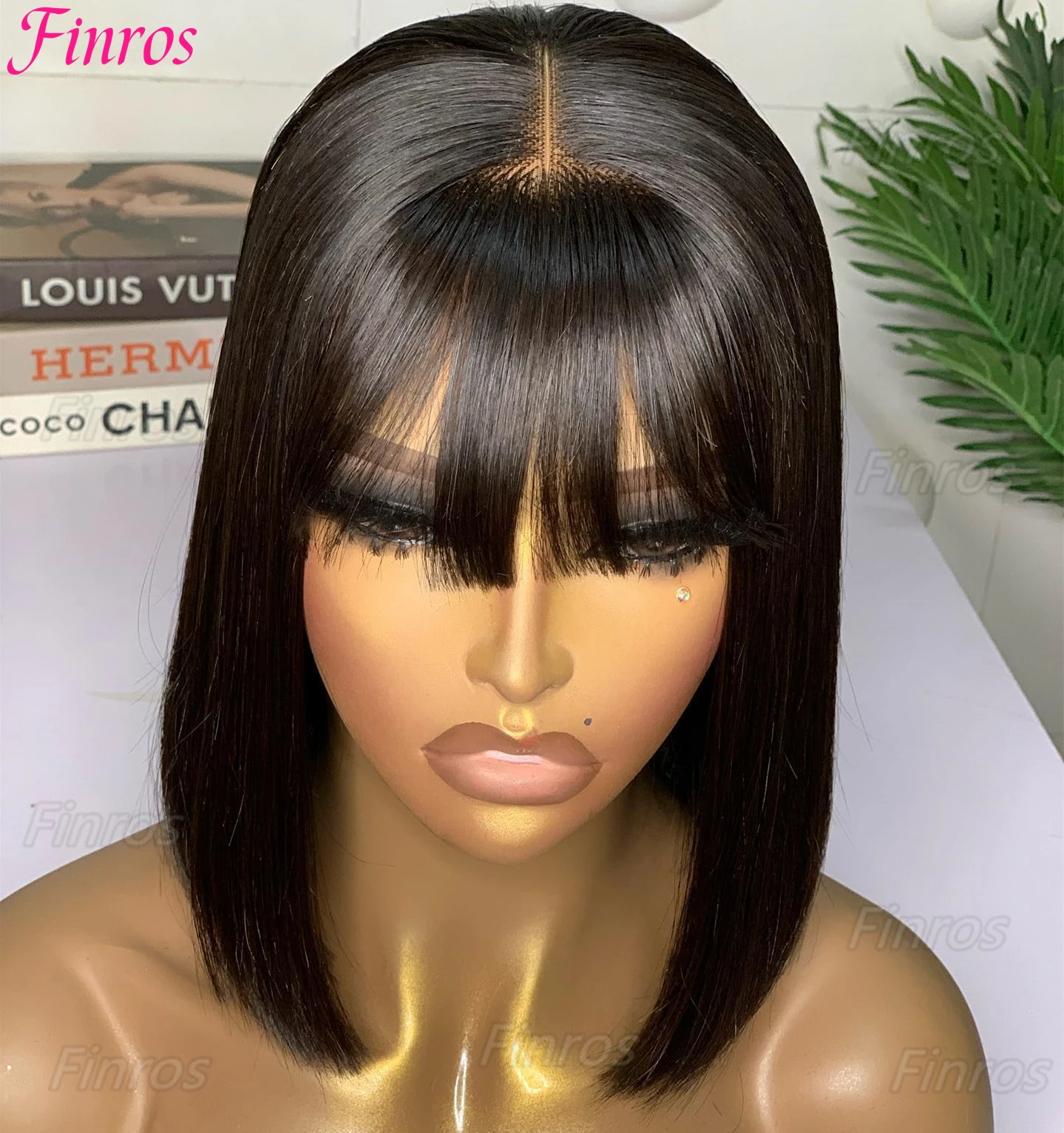 

Cheap Straight Short Bob Wigs Human Hair With Bangs Brazilian Remy 3x1 Lace Middle Part Bob Wig for Women Full Machine Made Wig