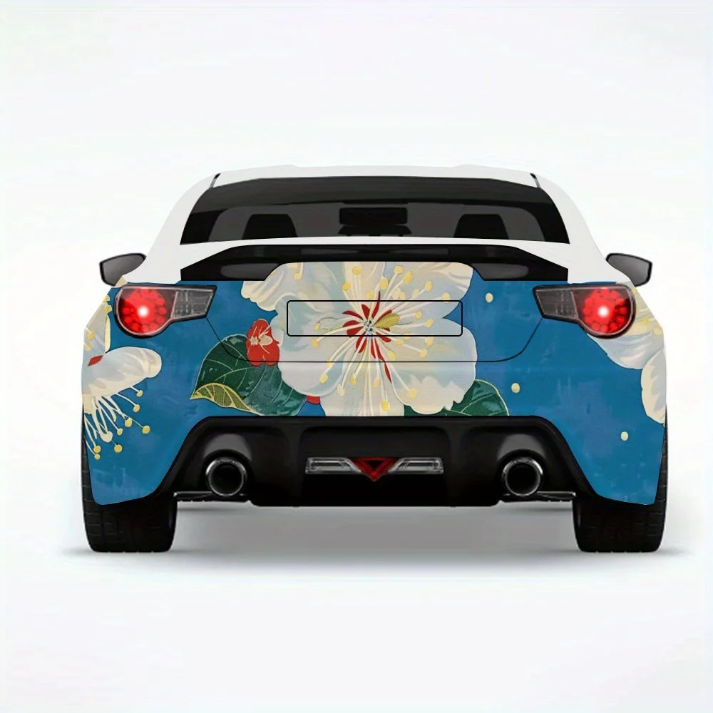 

Elegant White Flowers on Blue Car StickerVinyl Decal for Car Rear, Waterproof Self-Adhesive Vinyl Stickers for Vehicle Tail & Bu