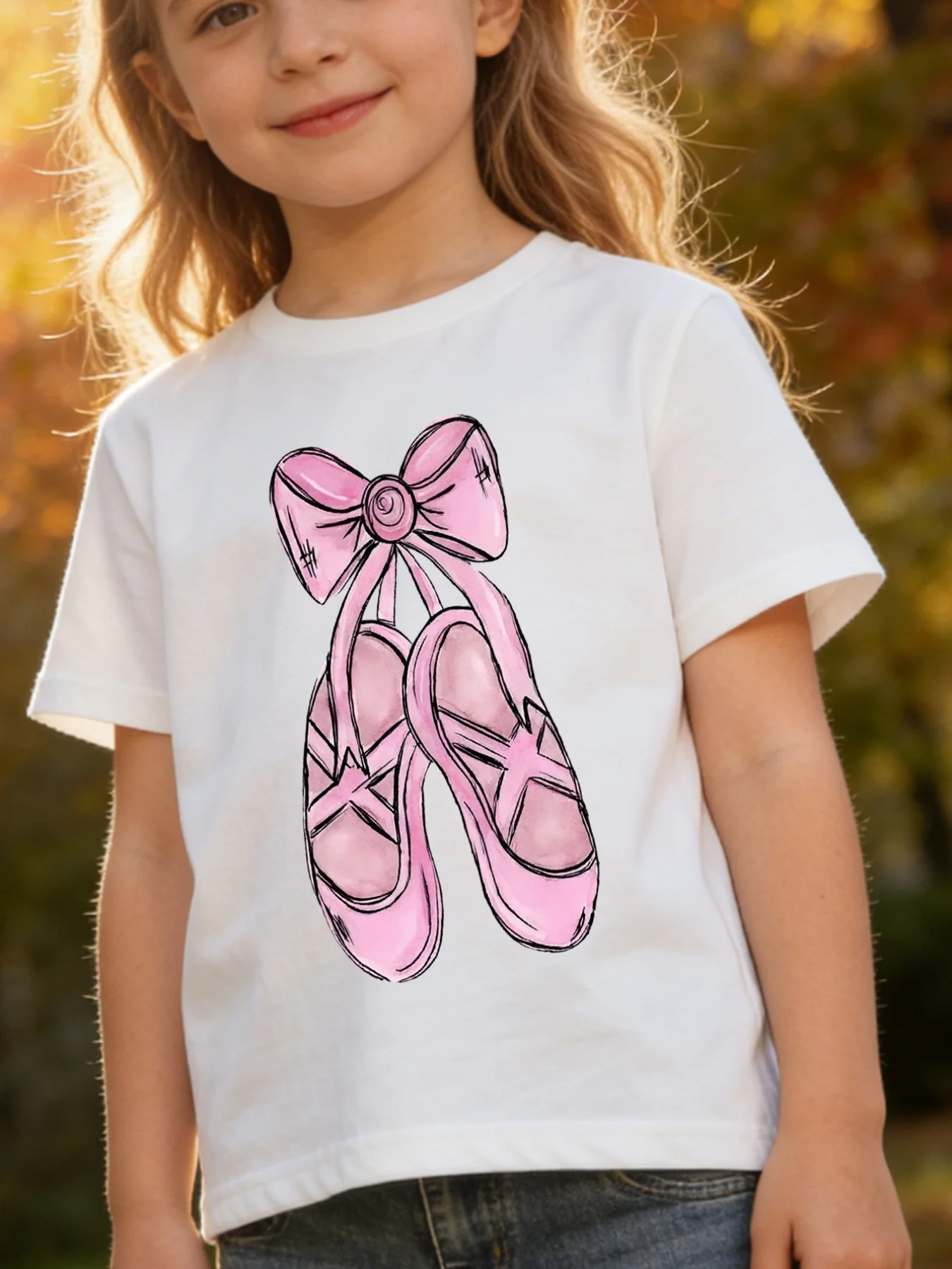 Kids Pink Ballet Shoes Bow Cute Dancer Graphic Tee Boys Girls Family Matching Short Sleeve Sweet Lovely Casual Everyday T Shirt