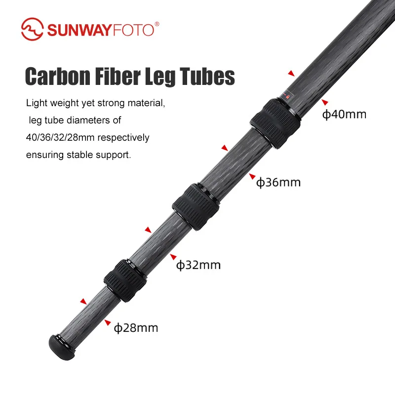 SUNWYAFOTO T4040CS Hunting Tripod for Shooting Rifle Stand Carbon Fiber,40mm,4 Sections,load 88lbs(40kgs)