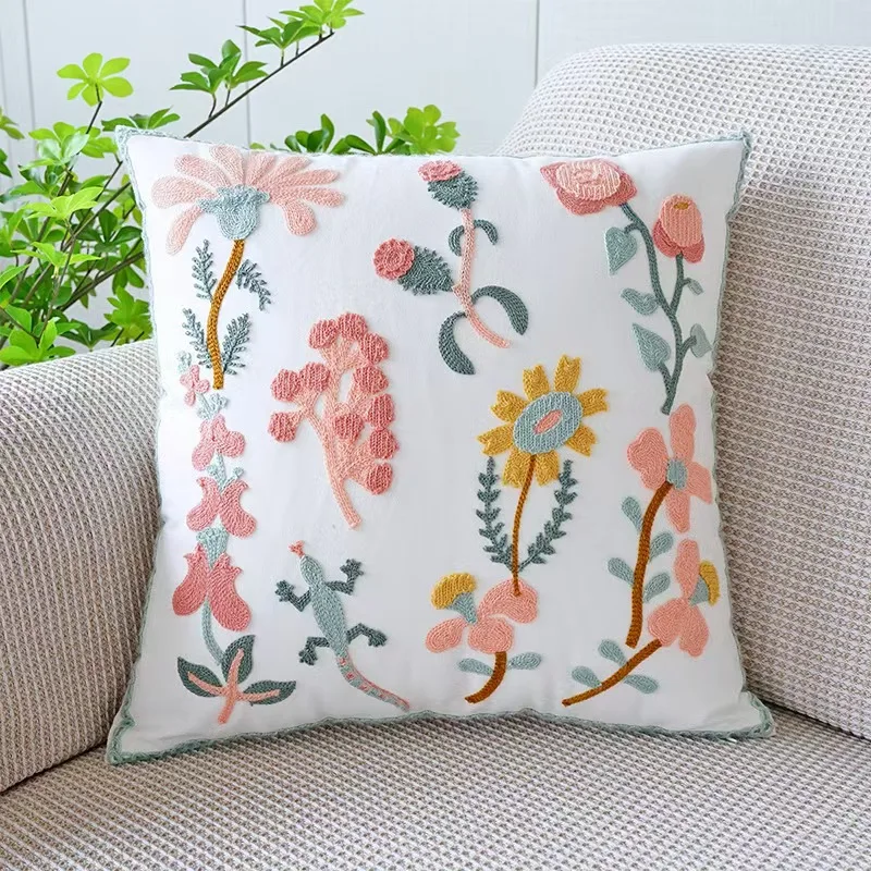 Funda de almohada bordada de 45x45CM, bonita funda de almohada ligera de lujo con flores nórdicas para sofá, funda de cintura