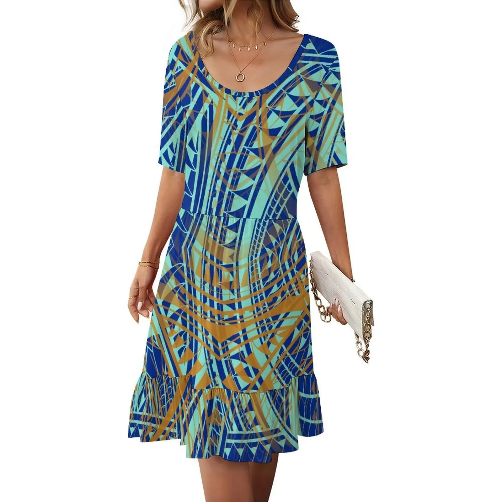 

Polynesian Custom-Made Dress With A Round-Neck Short-Sleeved Ruffled Design For Women Is Loose And Casual
