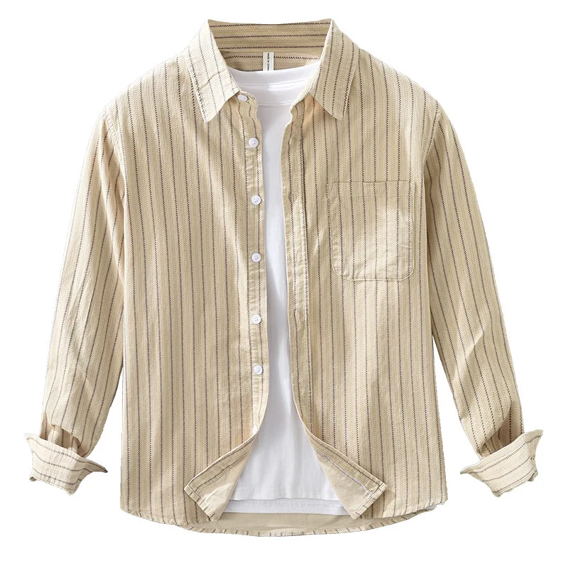 Camicie di velluto a coste a righe in cotone 100% di alta qualità stile moda giapponese per uomo Autunno Primavera Manica lunga Abbigliamento da lavoro allentato Top Cappotti