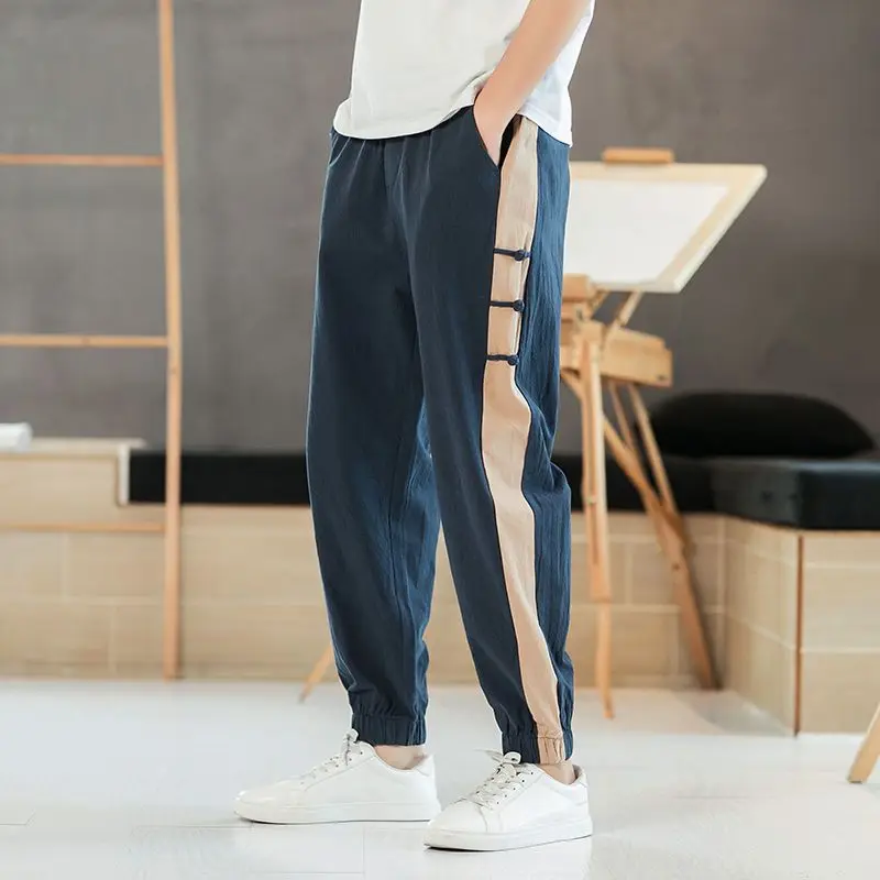 

2023 Men's Clothing Fashion Casual Loose Solid Color Patchwork Striped Handsome Sports Spring Summer Pockets Streetwear Pants